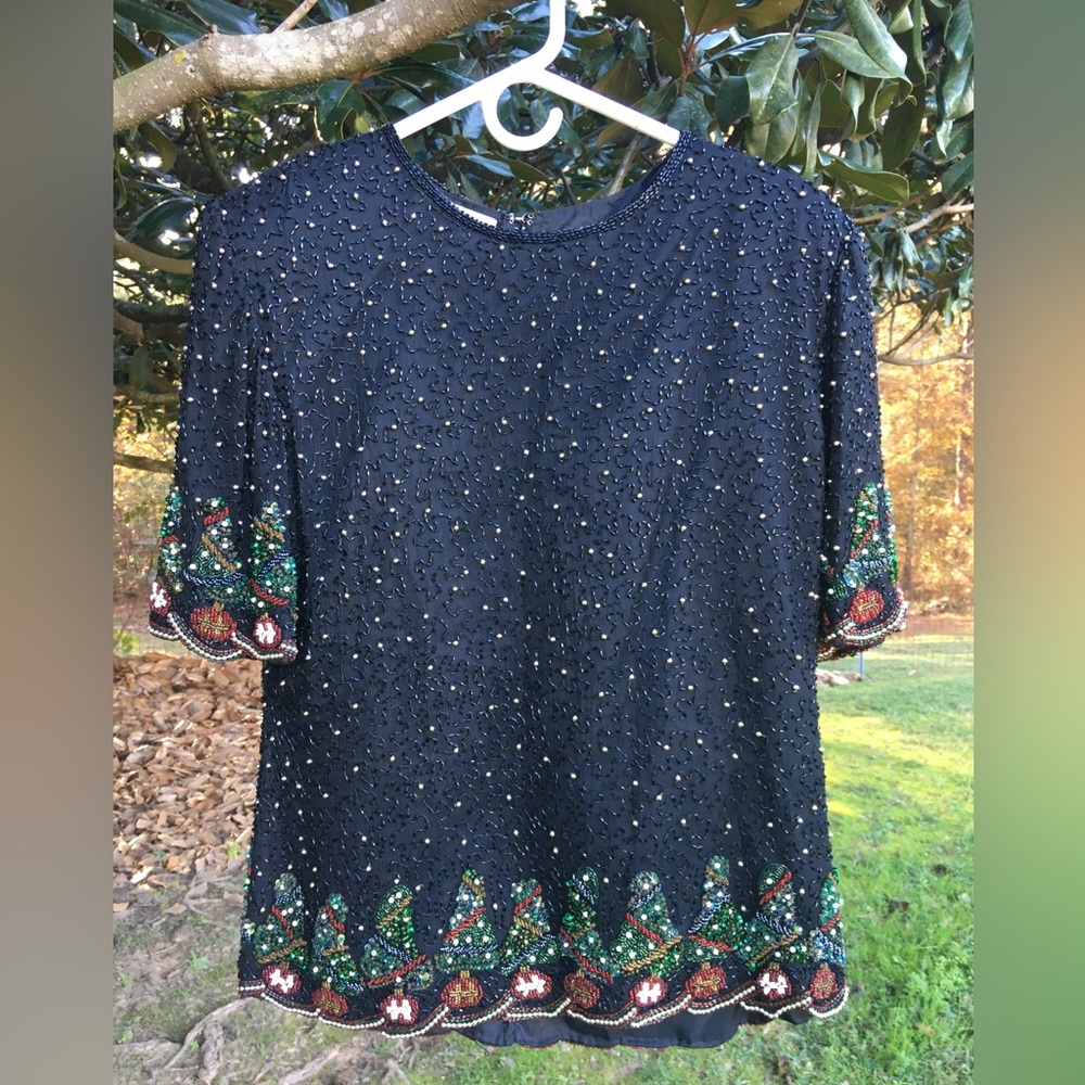 Vintage Laurence Kazar Christmas Beaded Top / Blouse